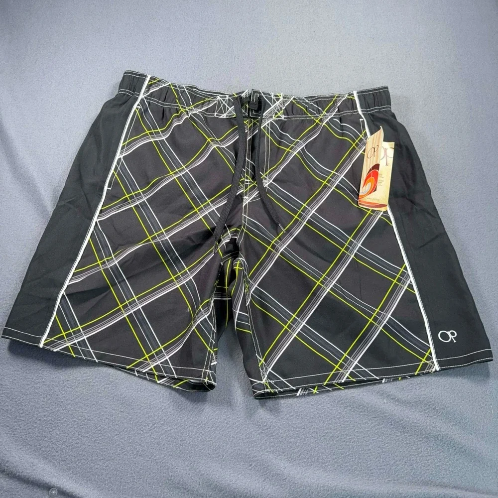 Ocean Pacific OP Board Shorts Mens XL 40 Black Neon Yellow Plaid Y2K 40x9 NWT